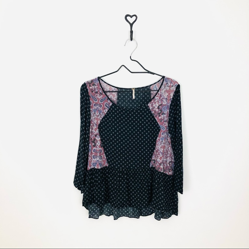 Free People Black Floral Babydoll Top M